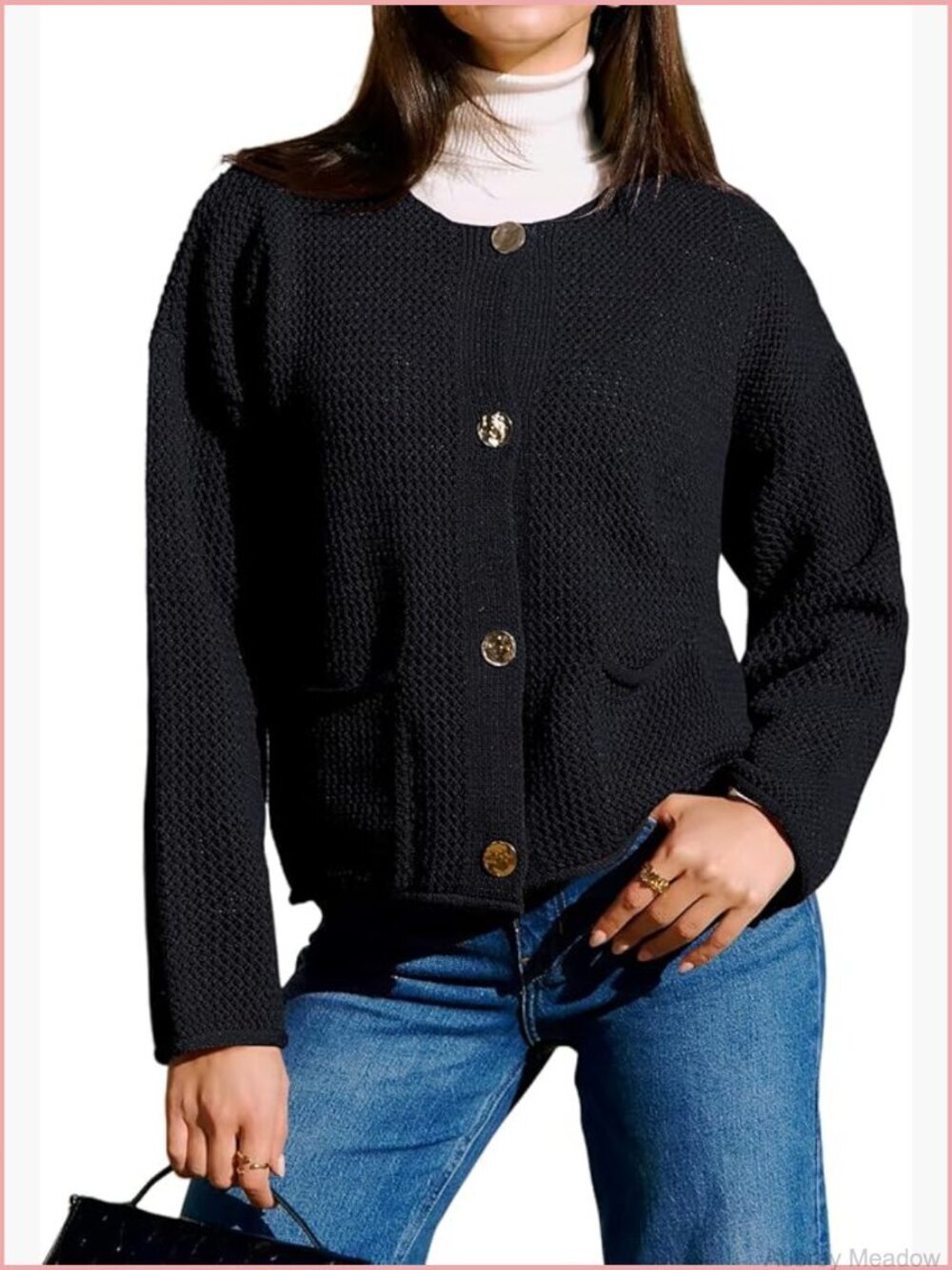 Lightweight Button Cardigan Crewneck with Side Pockets Long Sleeve Open Front